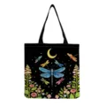 Vue détaillée du sac cabas en toile noire avec imprimé aquarelle de libellules et fleurs. - Libellule Bleue Florale Aquarelle (hmk2808) / 40x38cm