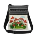 Cute mushroom print crossbody bag with black and white stripes, double zipper canvas shoulder bag. - Mushroom Illustration Spliced Print (xkk2942)