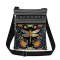 Detailed view of vintage dragonfly print crossbody bag with black white striped pattern and strap. - Retro Insect Floral Print Style (xkk2811)