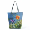 Kunst olieverf print detail kolibrie en tulp op tas stof close-up weergave mooi design. - Kolibrie Tulp Olie Print (hlk2799)