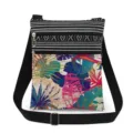 Close-up detail view of the vibrant tropical leaf print pocket and double metal zippers. - Colorful Tropical Leaves Style (xk0358)