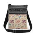 Close-up detail of the double zipper crossbody bag featuring floral and dragonfly print. - Pink Purple Tone Dragonfly Floral Style (xkk2812)