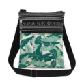 Stylish tropical leaf crossbody bag with double zippers, black white stripes and adjustable strap. - Black White Geometric Green Leaves Style (xk0724)