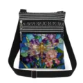 Detailed view of a fashionable crossbody bag featuring a stained glass dragonfly and floral print. - Colored Glass Painted Floral Style (xkk2814)