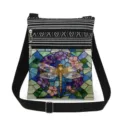 Close-up detail of the stained glass dragonfly print canvas crossbody bag strap and zipper. - Retro Stained Glass Dragonfly Print Style (xkk2815)