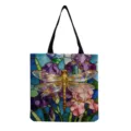 Sac cabas en toile imprimé libellule fleur vitrail, sac à main épaule mode loisir. - Peinture sur Verre Libellule Or Iris (hmk2814) / 40x38cm
