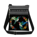 Detailed view of the hummingbird print crossbody bag with striped top and double zippers. - Circular Bird Floral Style (xkk2791)