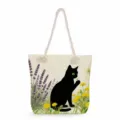 Close-up detail of the canvas tote bag featuring a cute black cat and floral print. - Black Cat With Lavender Style (msk2475) / 45x35x12cm