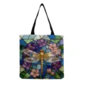 Gros plan du sac cabas en toile avec motif de libellule dorée et vitrail floral coloré. - Style Vitrail Libellule Or (hmk2815) / 40x38cm