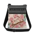 Hummingbird print canvas crossbody bag detail, showing double zipper and adjustable strap. - Elegant Peach Blossom Style (xkk2793)