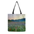 Sac cabas en toile à imprimé floral, sac à épaule paysager décontracté pour femme et étudiant. - Imprimé Mer de Fleurs de Montagne (hm12008)