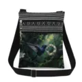 Small crossbody messenger bag featuring a lovely hummingbird print and chic black white stripes. - Forest Art Style (xkk2794)