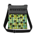 Detail view of tropical palm tree print and dual zipper pockets on casual canvas crossbody bag. - Green Yellow Plaid Palm Tree Style (xk1131)