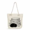 Canvas tote bag featuring a cute sleeping black cat and stacked books print, spacious and stylish daily bag. - Black Cat Sketch Style (msk2478) / 45x35x12cm