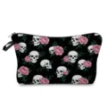 Schwarze Kosmetiktasche mit Totenkopf und Rosen Print, stylischer Make-up Beutel. - Weißer Knochen und Rosa Rose (hzk2771)