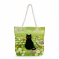 Black cat floral canvas tote bag with thick rope handles, large capacity casual beach bag. - Black Cat With Daisy Grass Style (msk2480) / 45x35x12cm
