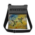 Canvas crossbody bag with hummingbird print and black white stripes, dual zipper messenger bag. - Artistic Hummingbird Style (xkk2797)