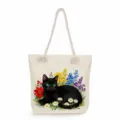 Watercolor black cat print detail on beige canvas tote bag, featuring cute floral design. - Watercolor Black Cat With Flowers Style (msk2481) / 45x35x12cm