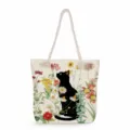 Detailed view of the black cat and retro botanical floral print on natural linen canvas fabric. - Elegant Black Cat With Retro Plants Style (msk2482) / 45x35x12cm