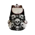 Vue détaillée du sac à dos en toile imprimé crânes et roses gothique avec bordure marron. - Imprimé Floral Crâne Et Rose (sjk2464)