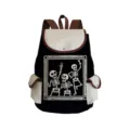 Black canvas backpack featuring skeleton print, brown straps and large storage capacity for school. - Funny Cartoon Skull Print (sjk2466)
