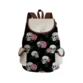 Canvas skull print backpack with brown leather trim, large capacity student school bag. - Skull And Pink Rose Print (sjk2771)