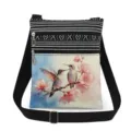Hummingbird print crossbody bag black white striped canvas shoulder bag dual zipper design - Watercolor Cherry Blossom Style (xkk2792)