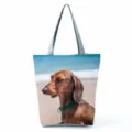 Borsa Shopper in Tela con Stampa di Cane Bassotto Carina Borsa a Spalla Grigiastra - Stampa Bassotto in Spiaggia (hl4918)