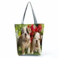 Borsa shopper in tela con stampa di bulldog carino, grande borsa casual pratica. - Stampa Bulldog Inglese con Fiori Rossi (hl4920)