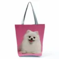Cute pink white dog print canvas shoulder bag, daily casual large capacity tote handbag. - Pink Background White Dog Print (hl7398)