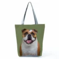 Dog print canvas tote bag, casual daily travel handbag, large capacity shoulder storage bag. - Green Background Bulldog Print (hl7399)
