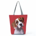 Red Dog Print Canvas Tote Bag, Casual Shoulder Bag with Grey Handles, Daily Handbag - Red Background Small Dog Print (hl7400)