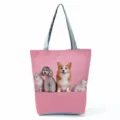 Cute pet print canvas shoulder bag, casual large capacity daily tote handbag for women. - Pink Background Multiple Pets Print (hl7401)