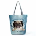 Borsa tote in denim con stampa di cane carino carlino borsa casual grande capacità spalla leggera - Stampa 3D Carlino Trama Denim (hl7001)