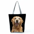 Golden retriever dog print canvas tote bag, large capacity daily travel shoulder handbag. - Black Background Golden Retriever Print (hl7403)