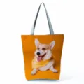 Cute Corgi dog print canvas tote bag, casual large capacity shoulder bag for daily travel. - Orange Background Corgi Print (hl7404)