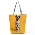 Stylish dalmatian print tote bag with grey straps, large capacity daily shoulder handbag. - Yellow Background Dalmatian Print (hl7407)