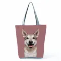 Cute dog print canvas tote bag, pink background daily casual shoulder handbag for women. - Pink Background Dog Print (hl7408)