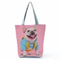 Cute French bulldog print canvas tote bag, casual large capacity shoulder bag for daily use. - Pink Background French Bulldog Print (hl7409)