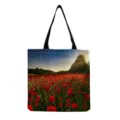 Sac cabas en toile à imprimé floral, sac porté épaule décontracté avec paysage de coquelicots. - Imprimé Champ de Fleurs Rouges au Coucher du Soleil (hm12019)