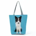 Border Collie print canvas tote bag, stylish blue large capacity casual shoulder bag daily. - Blue Background Border Collie Print (hl7411)