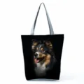 Canvas shoulder tote bag with cute dog print, casual daily handbag for women, large capacity. - Black Background Tricolor Shepherd Dog Print (hl7413)