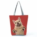 Cute French Bulldog Print Tote Bag Red Canvas Casual Daily Shoulder Handbag for Women - Red Background French Bulldog Paw Print (hl7415)