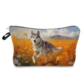 Detailed view of the cute husky puppy print portable makeup bag with smooth zipper closure. - Husky Oil Painting Style (hzk2845)