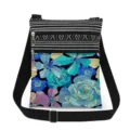 Small crossbody bag with blue floral print, black and white stripes, and adjustable strap. - Blue Tones Floral Pattern (xk6505)