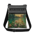 Close-up of artistic oil painting print crossbody bag with black strap and double zippers. - Classic Oil Painting Landscape Floral Style (xkk2674)