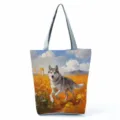 Süße Husky Druck Canvas Umhängetasche, modische künstlerische Ölgemälde Handtasche Shopper. - Husky im Blumenfeld Stil (hlk2845)