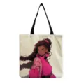 Fashionable canvas tote bag with stylish black anime girl print for daily use and shopping. - Black Illustration Style (hmk2821)