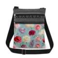 Floral print canvas crossbody bag with black white striped upper zipper pocket and adjustable strap. - Light Blue Watercolor Floral Style (xkk2675)