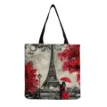 Canvas tote bag with Eiffel Tower and red umbrella print, large capacity casual shoulder bag. - Tower And Red Umbrella Couple Oil Painting Style (hm7279) / 40x38cm